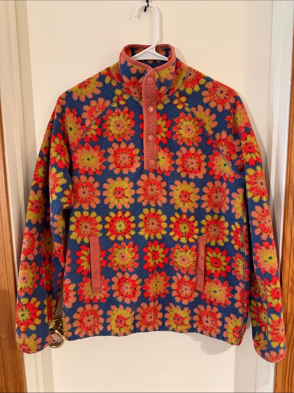 Toad&Co Navy Fleece Sweater with Red and Yellow Floral Print